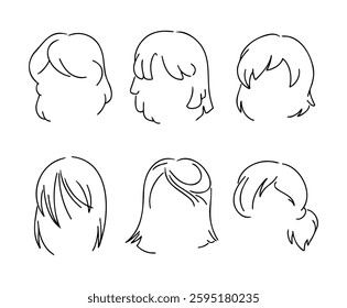 Various hairstyles are depicted in faceless illustrations with varying hairstyles in simple styles