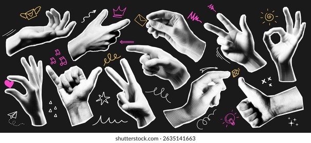Various halftone hand, finger sign and human arm gesture with torn paper and paint brush texture. Retro grunge sticker collage in pop art style. Y2k doodle hand cutout with crown, arrow and love icon.
