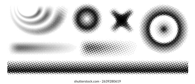 Various halftone patterns and shapes on a white background
