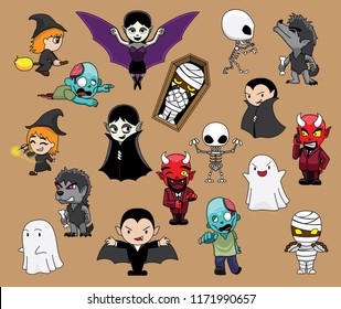 Various Halloween Cute Characters Werewolf Mummy Dracula Devil Ghost Witch Cartoon Vector Illustration