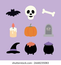 Various Halloween Decorative Illustrations such as bats, skeletons, etc.