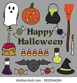 Various Halloween and Octobor Vector Elements including Candy Apples Pumpkins and Witch's Brew
