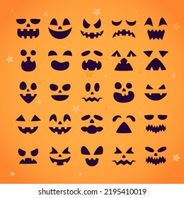 Various Halloween pumpkin flat scary smile faces set