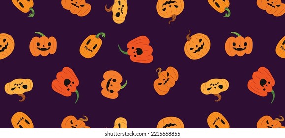 Various Halloween pumpkins pattern on dark violet background. Pattern for wrapping paper, decoration, wallpaper, textile, Halloween day, banner. Flat vector illustration.