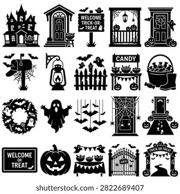 Various halloween themed icons including haunted houses doors lanterns candy baskets and spooky graveyard scenes in flat style
