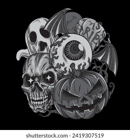 Various Halloween Things in Black and White Illustration
