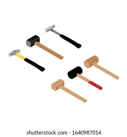 Various hammers and mallet isolated on white isometric view