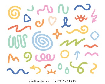 Various hand drawn abstract shapes, strokes and doodles. Colorful abstract line doodle shape set. Trendy design elements. Vector illustration in flat style