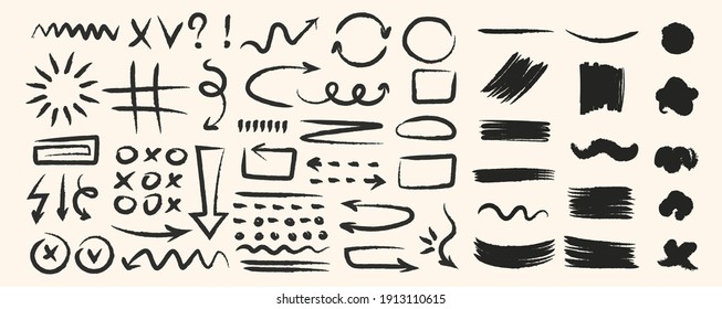 Various hand drawn arrows and shapes, black sketchy lines, curves, doodle direction pointers brush stroke style. Abstract vector set