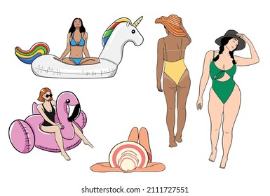 Diversos dibujos animados a mano en icono de la playa. Fondo blanco aislado de las cosas de las chicas de la playa