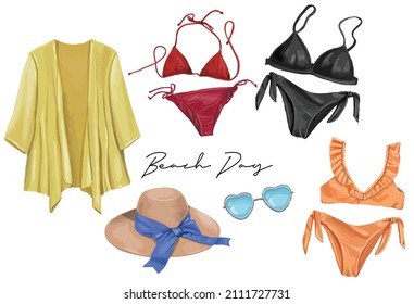 Various of hand drawn beach icon cartoon. Isolated white background of beach girly stuff