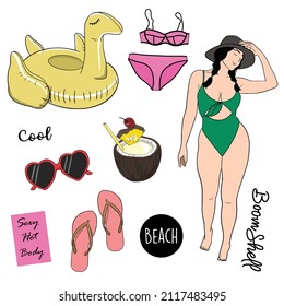 Various of hand drawn beach theme icon cartoon. Isolated white background of beach girly stuff