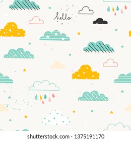 Various hand drawn clouds. Paper cut flat style. Scandinavian style. Vector seamless pattern for kids. Version for boys