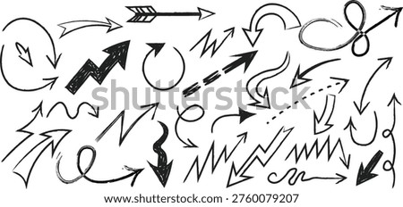 Various hand drawn A collection of black arrows in various styles and directions are scattered across a plain white background conveying movement and energy