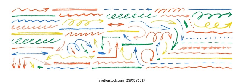 Various hand drawn colored charcoal arrows and underlines collection. Chalked arrows, pencil drawn curved lines, strike through, ling brush strokes. Vector direction pointers, doodle elements.