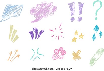 Various hand drawn crayon shape elements. Pencil sketch design of scribble lines, spirals and grunge arrows. Crayon pencil style isolated on white background. Vector illustration