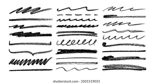 Various hand drawn crayon stripes and underlines collection. Pencil strips and rough highlighters, straight chalk lines, spirals. Doodle style sketchy chalk scribbles or rough strokes for notes.