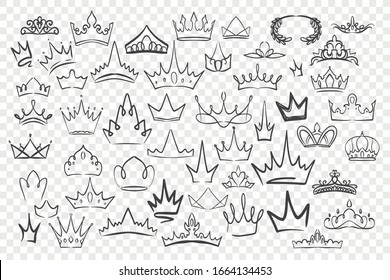 Various hand drawn crowns set. Collection of doodle crowns. King crown sketches, tiaras, king queen royal diadems. Prince, princess luxurious head accessories on checkered background. Vector