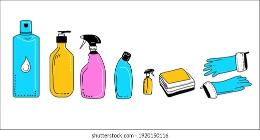 Various hand drawn detergents and bottles with soap.Washing supplies for floor,windows and dust removing.Cleaning service.Vector doodle style items.Special gum gloves for purifying.