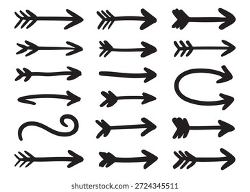 Varias flechas de doodle dibujadas a mano. Simple conjunto de flechas negras que apuntan a diferentes direcciones. Elementos gráficos incompletos.