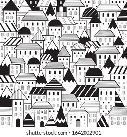 Various hand drawn doodle cartoon houses style pattern black and white city illustration vector 

