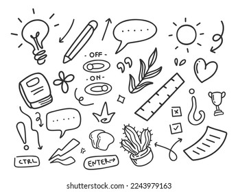 various hand drawn doodle objects in line art style