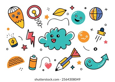 
Various hand drawn doodles arranged on a white background, illustrating a playful and imaginative artistic style Isolated vector illustration.