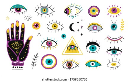 Varios ojos dibujados a mano conjunto de iconos planos. Doodle griego malvado c símbolos de moda aislados colección de ilustraciones vectoriales. Luck amuletos y talismanes concepto