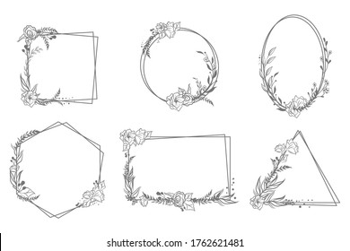 Varios marcos geométricos florales dibujados a mano. Elementos vintage de diseño lineal y elegante para la colección de ilustraciones vectoriales aisladas de invitación de boda. Concepto de decoración y adornos