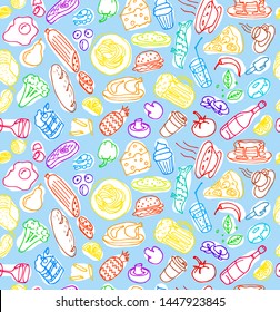Various hand drawn food cookery doodle outline colored sketch seamless pattern on light blue background. Vector cooking illustration