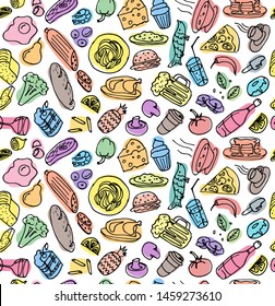 Various hand drawn food cookery dishes doodle outline colorful sketch seamless pattern on white background. Vector drawing cooking art illustration