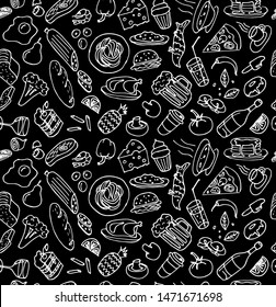 Various hand drawn food cookery dishes doodle outline white chalk sketch seamless pattern on black background. Vector drawing cooking cartoon art illustration