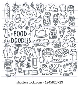 Various hand drawn food. Doodle vector set. All elements are isolated. Checked background