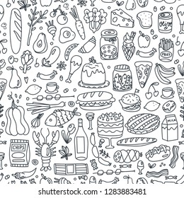 Various hand drawn food. Doodle vector seamless pattern