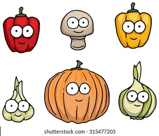 Various hand drawn happy vegetable characters, with cute smiley faces, vector illustration