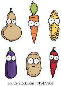 Various hand drawn happy vegetable characters, with cute smiley faces, vector illustration