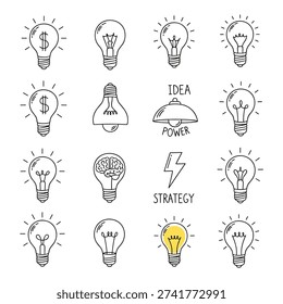 Various hand drawn light bulbs with filament designs and two bulbs with words idea power and strategy