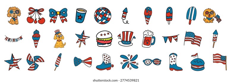 Various hand drawn objects with american flag colors and patterns