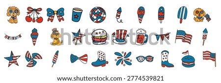 Various hand drawn objects with american flag colors and patterns