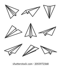 Verschiedene handgezeichnete Papierebenen. Flugzeuge mit schwarzem Doping. Flugzeugsymbol, einfache einfarbige Silhouetten. Umriss, Line Art. Vektorgrafik.
