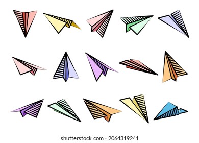 Various hand drawn paper planes. Colorful doodle airplanes. Aircraft icon, simple plane silhouettes. Outline, line art. Vector illustration.
