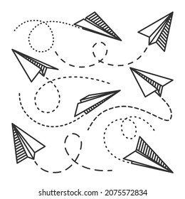 Various hand drawn paper planes. Black doodle airplanes with dotted route line. Aircraft icon, simple monochrome plane silhouettes. Outline, line art. Vector illustration.