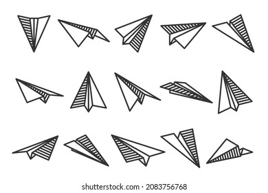 Varios planos de papel dibujados a mano. Aviones de doodles negros. Icono de la aeronave, siluetas simples de plano monocromo. Esbozo, arte de línea. Ilustración vectorial.