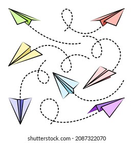 Various hand drawn paper planes. Colorful doodle airplanes with dotted route line. Aircraft icon, simple plane silhouettes. Outline, line art. Vector illustration.
