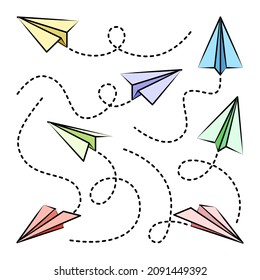 Various hand drawn paper planes. Colorful doodle airplanes with dotted route line. Aircraft icon, simple plane silhouettes. Outline, line art. Vector illustration.