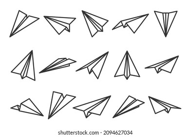 Various hand drawn paper planes. Black doodle airplanes. Aircraft icon, simple monochrome plane silhouettes. Outline, line art. Vector illustration.