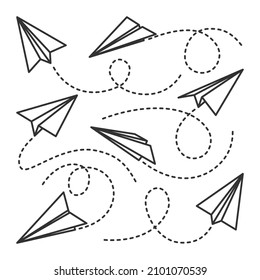 Various hand drawn paper planes. Black doodle airplanes with dotted route line. Aircraft icon, simple monochrome plane silhouettes. Outline, line art. Vector illustration.