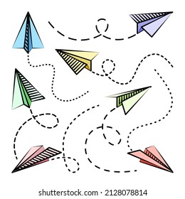 Various hand drawn paper planes. Colorful doodle airplanes with dotted route line. Aircraft icon, simple plane silhouettes. Outline, line art. Vector illustration.