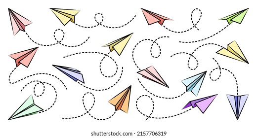 Various hand drawn paper planes. Colorful doodle airplanes with dotted route line. Aircraft icon, simple plane silhouettes. Outline, line art. Vector illustration.