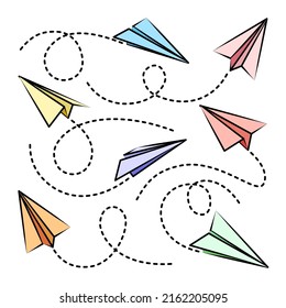 Various hand drawn paper planes. Colorful doodle airplanes with dotted route line. Aircraft icon, simple plane silhouettes. Outline, line art. Vector illustration.